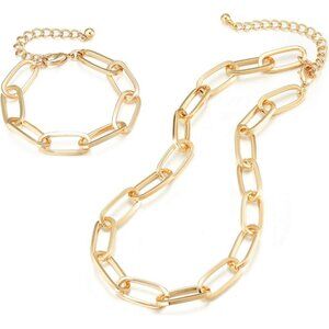 Gold Chain Necklace and Bracelet Set, Dainty and Chunky, 15-inch Gold Plated Eco